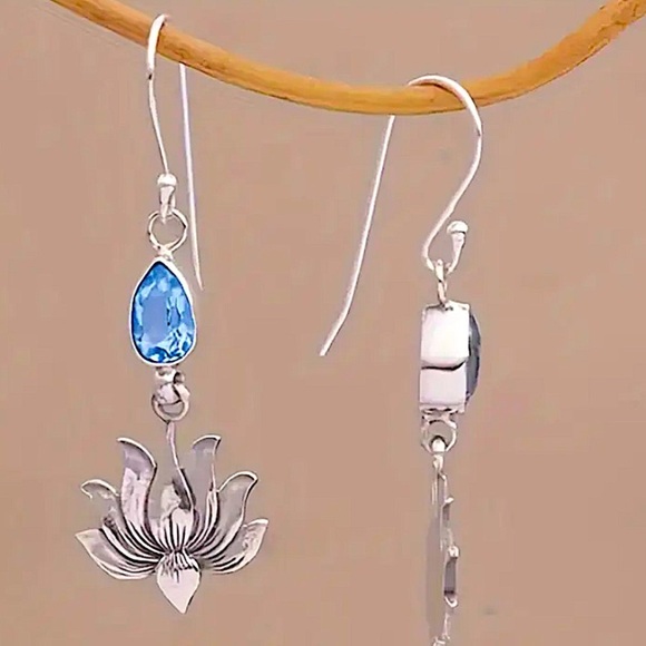 Silver Blue Topaz Lotus Dangle Earrings Dainty Flower Stone Hook Water Drop - Picture 3 of 6
